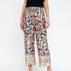 Zara Floral Wide Leg Cropped Satin Pants
